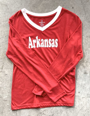 Women's TriBlend LS V - Neck Cardinal Arkansas Tee - Dogtowne Dry Goods